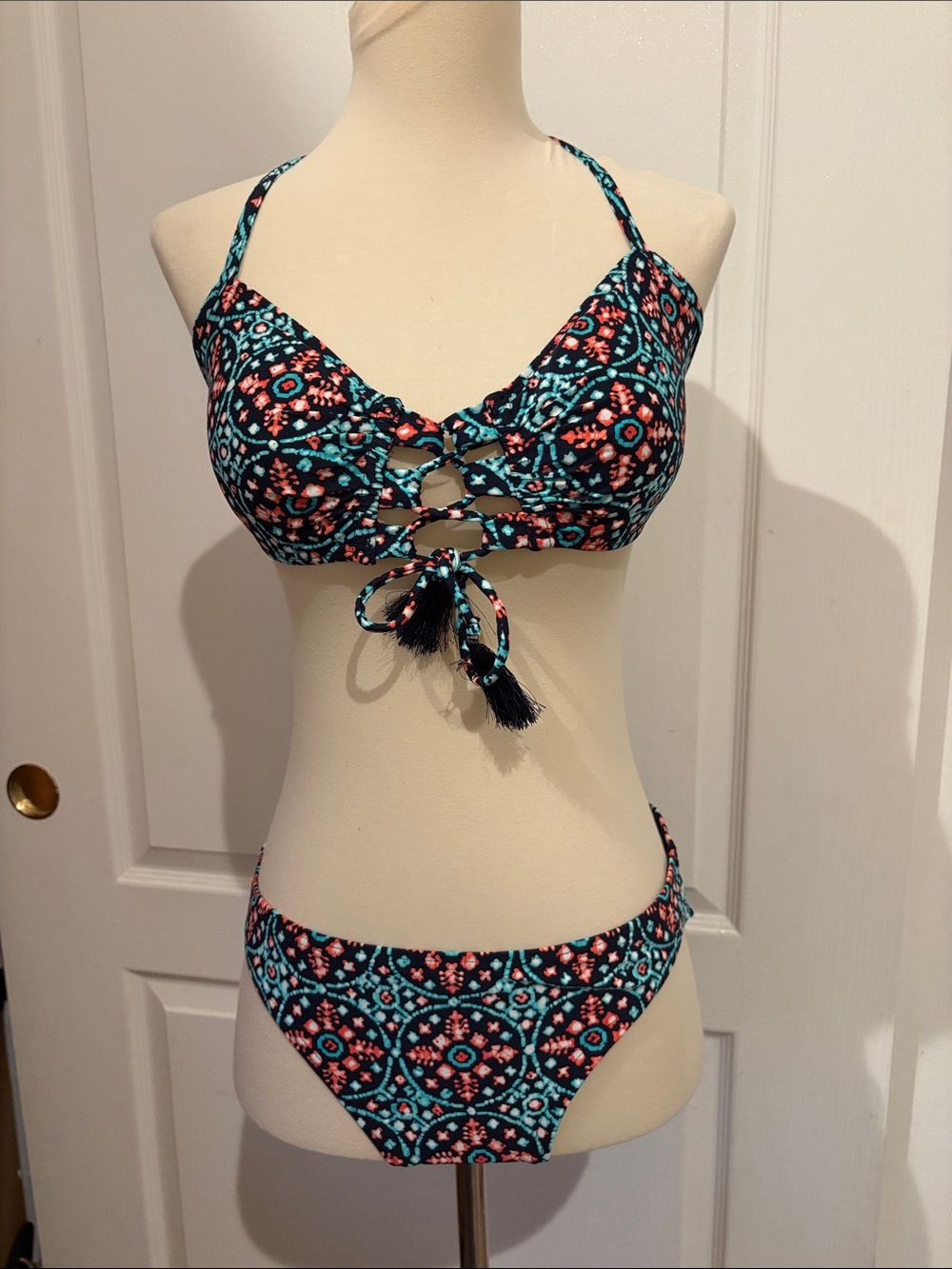 MICHAEL KORS Lace-Up Printed Bikini Set in Teal & Coral